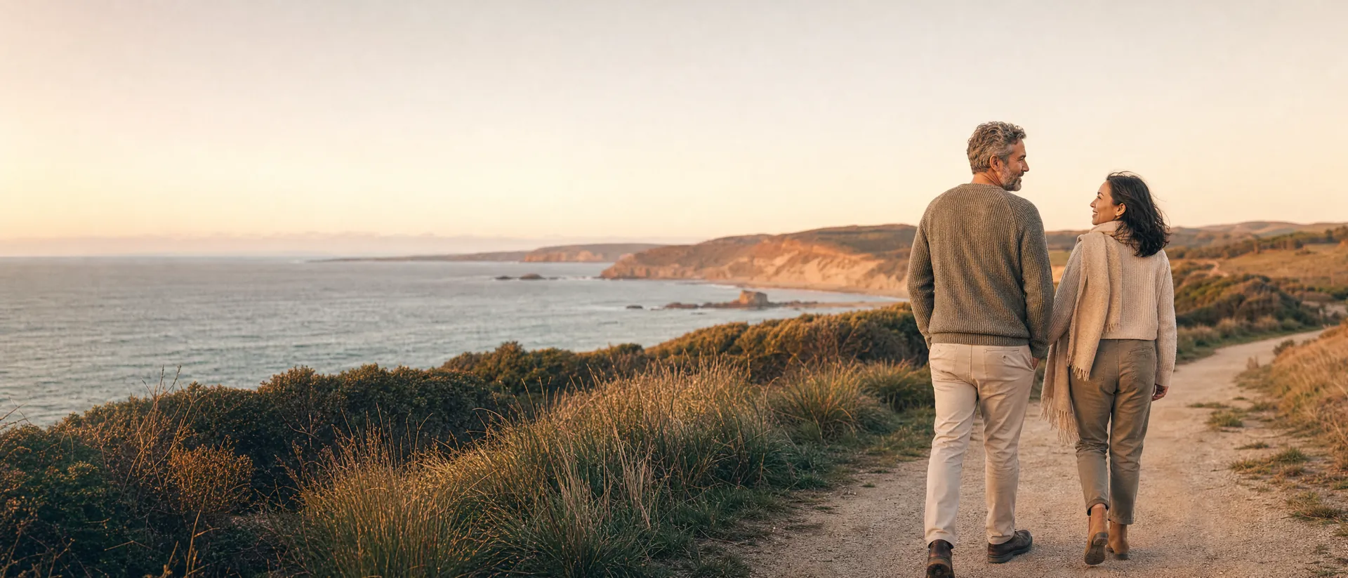 A couple in their fifties walking together along a coastal headland path at golden hour, looking at each other and smiling, with the ocean and cliffs behind them.