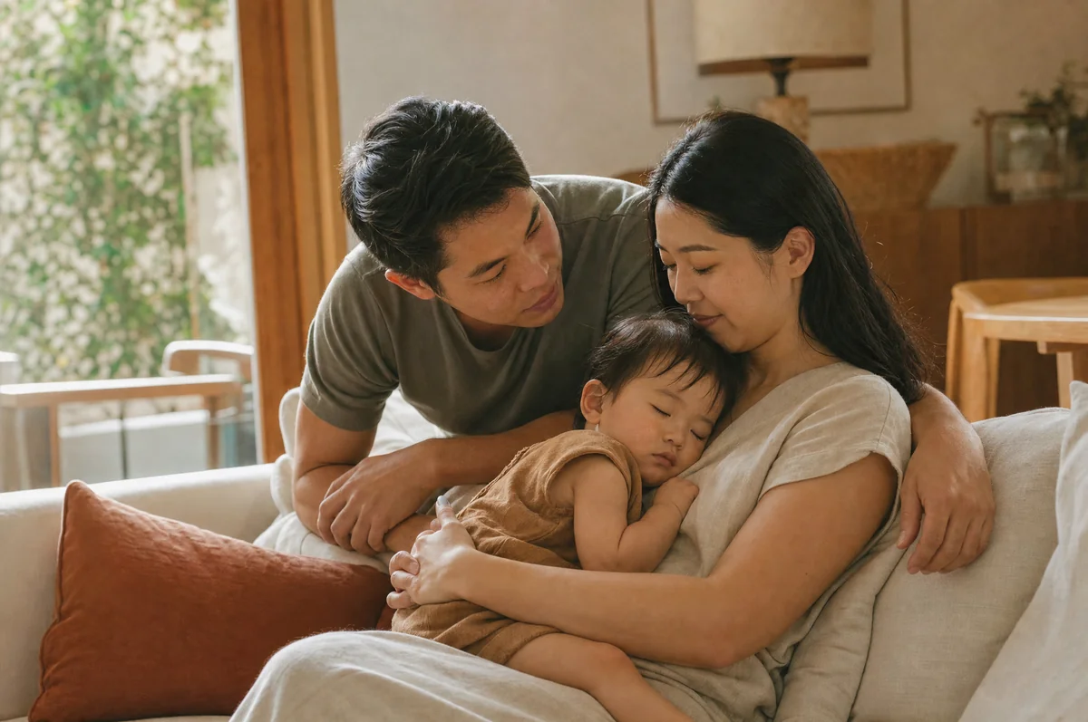 A young family relaxing on a sofa at home in soft morning light. A mother holds her sleeping toddler while the father leans in close.