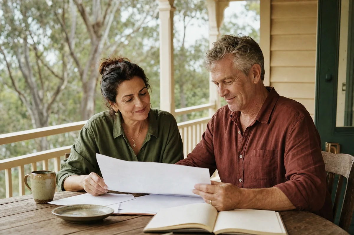 A couple in their late fifties reading through papers and a notebook together at a timber table on a veranda, with gum trees behind them.