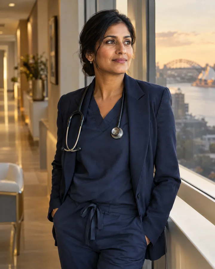 A medical specialist in a navy blazer stands by a window overlooking Sydney Harbour at the end of the day.