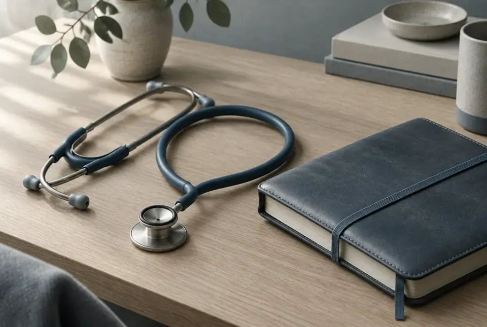 A stethoscope, an open notebook and a pair of glasses on a timber desk beside a window.