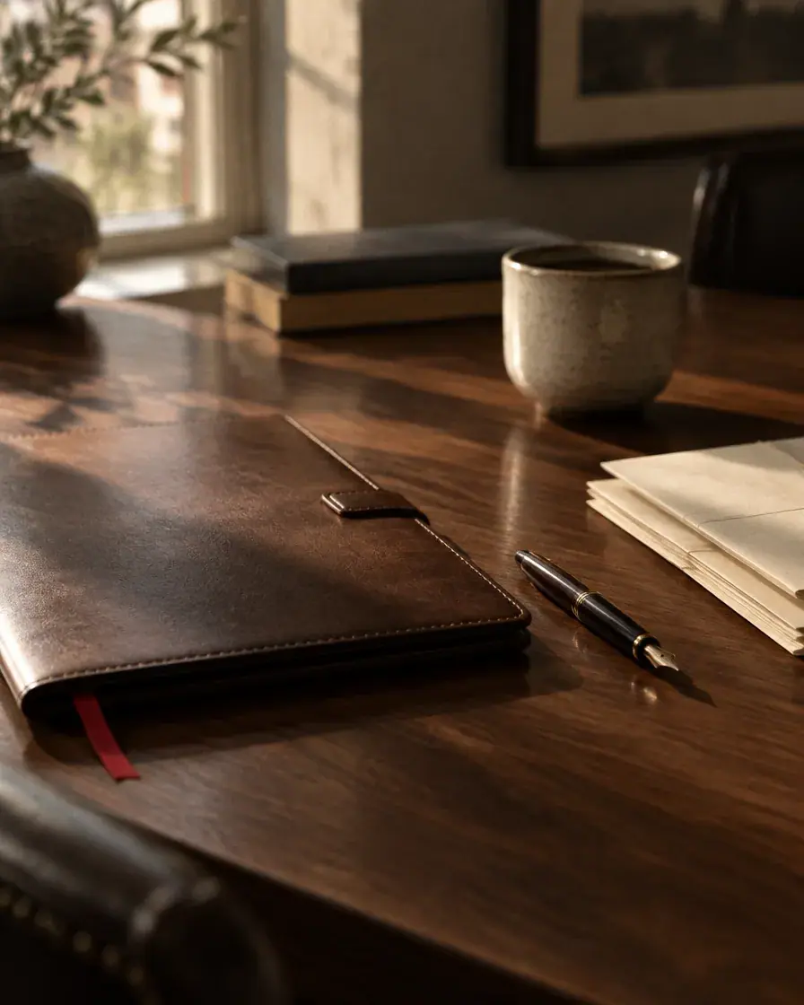 A closed leather folio and a pen on a dark timber desk, in soft window light.