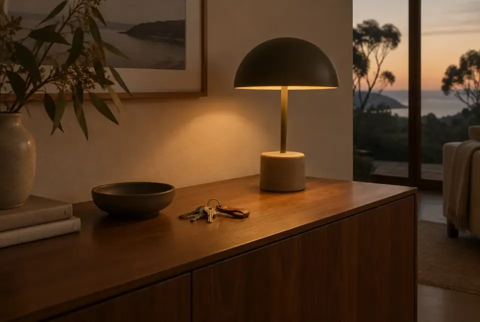 A timber sideboard in a home at sunset, with a ceramic lamp, a small bowl and a set of keys.