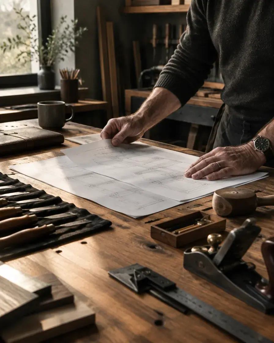A person in work clothes reviews large plans spread across a timber workbench.