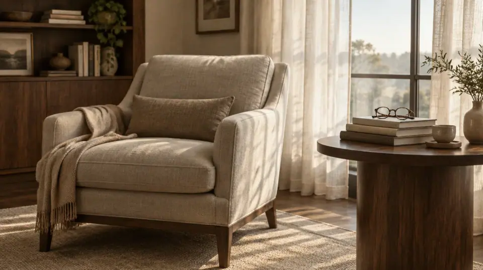 An armchair, a floor lamp and a small stack of books in a quiet reading corner.