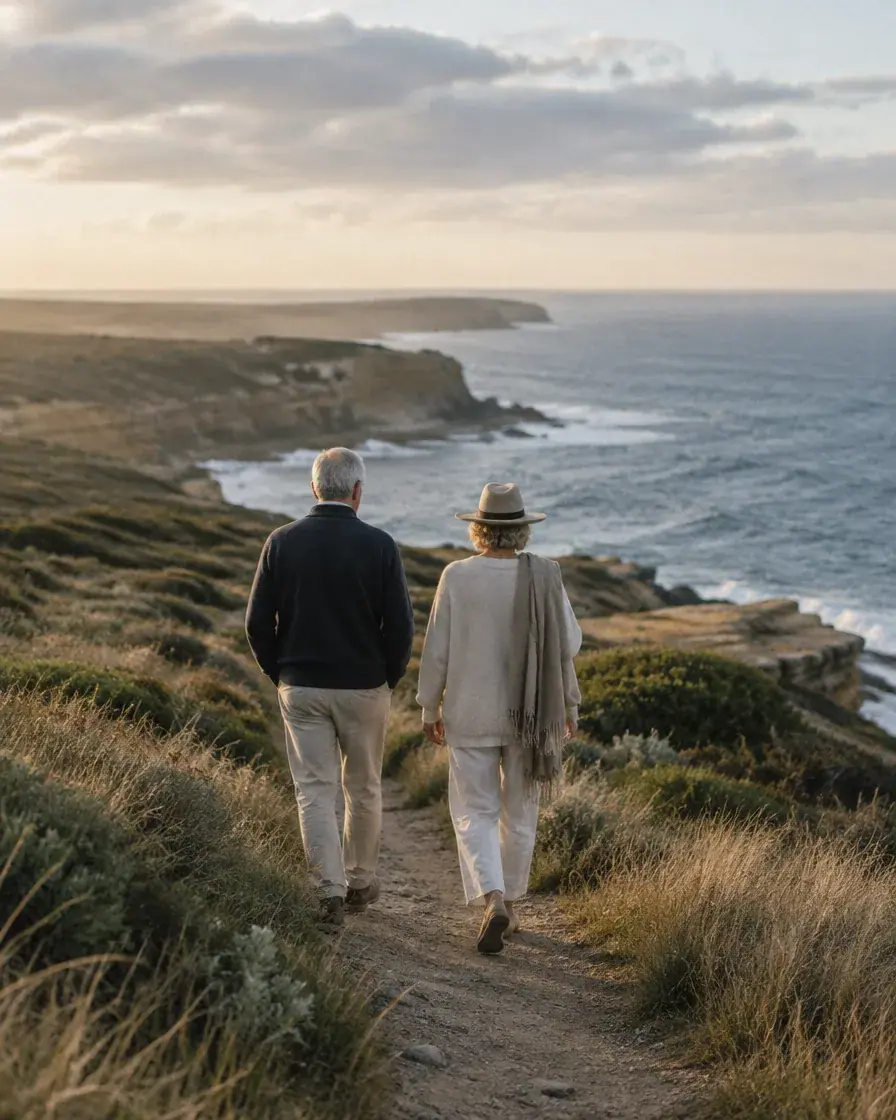 An older couple, seen from behind, walk along a clifftop path above the sea.