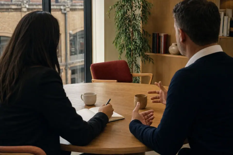 An adviser and a client in conversation at a table in a calm, light office.