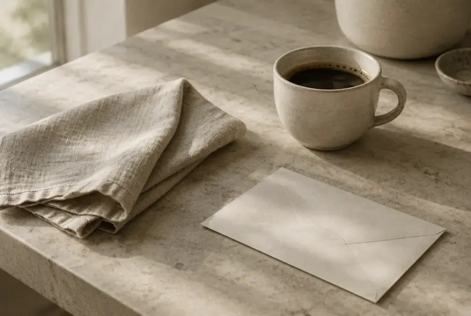 A cup of coffee, a linen envelope and a pen arranged on a pale table.